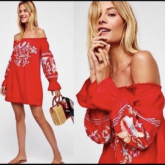 Free People Dresses & Skirts - Free People S Fleur De Jour Red Floral Embroidered Off Shoulder Cotton Dress